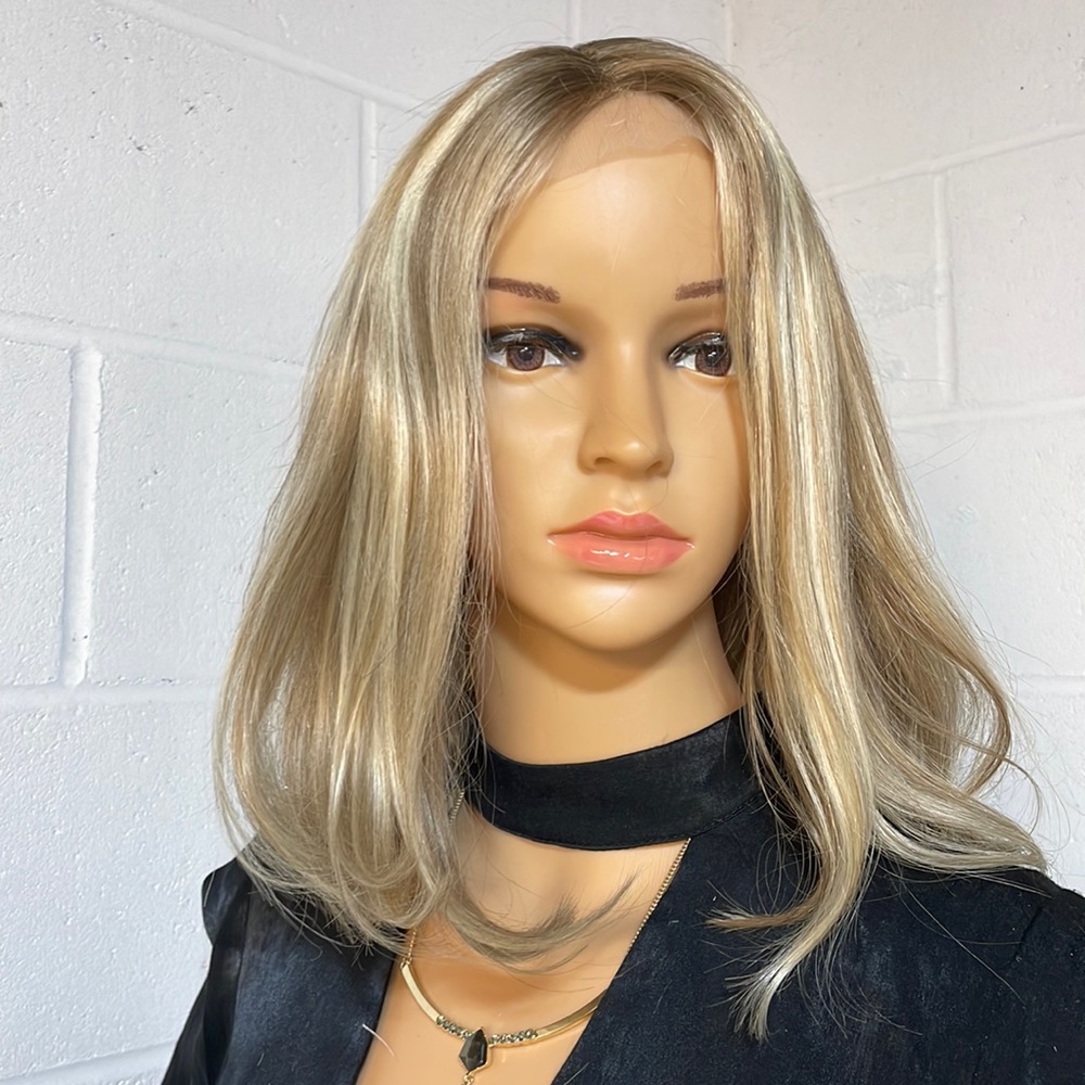 100% human hair wig champagne blonde ash brown highlighted wig lace NWT 15”